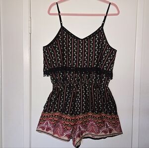 American Rag Black Romper with Red & Gold Paisley Accents